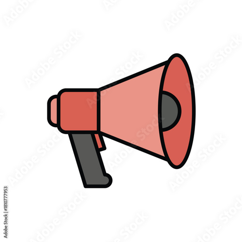 Flat design vector illustration of a red and grey handheld megaphone, symbolizing announcement, communication, marketing, protest, public address, and getting attention on a white background.