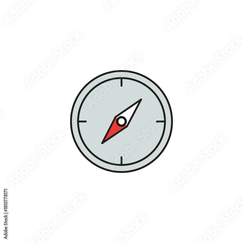 Flat design vector illustration of a simple magnetic compass, featuring a red and white needle, symbolizing direction, navigation, guidance, travel, and adventure.