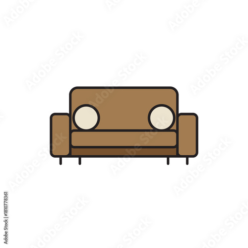 Modern flat design vector illustration of a two-seater brown sofa or couch with light circular cushions, symbolizing comfortable home furniture, interior decor, relaxation, and living room setting.