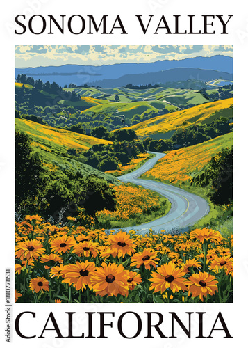 Vintage Sonoma Valley California travel poster vector, scenic winding road through vibrant yellow wildflower fields and rolling green hills.