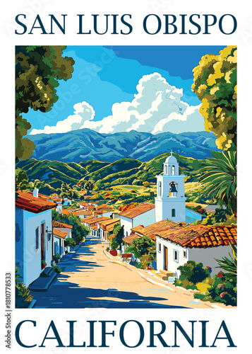Vintage San Luis Obispo California travel poster vector, charming mission town architecture and bell tower on a sunny hillside.