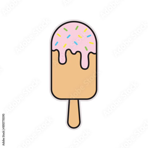 Sweet and colorful flat design vector illustration of a popsicle or ice cream bar dipped in pink frosting and covered with multicolored sprinkles, symbolizing summer, treats, and cold refreshment.