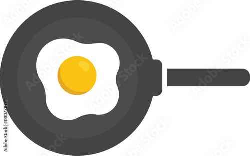 Top-view flat design vector illustration of a freshly cooked fried egg with bright yellow yolk in a dark grey frying pan, symbolizing quick breakfast and kitchen cooking processes.