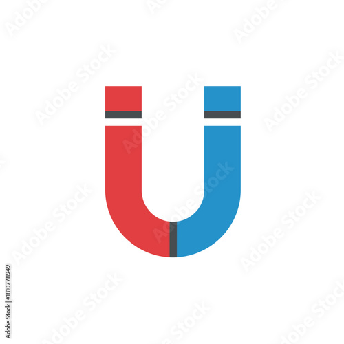 Bold red and blue horseshoe magnet vector icon in a flat design style, symbolizing magnetism, attraction, physics, science, technology, and generating positive influence or interest.