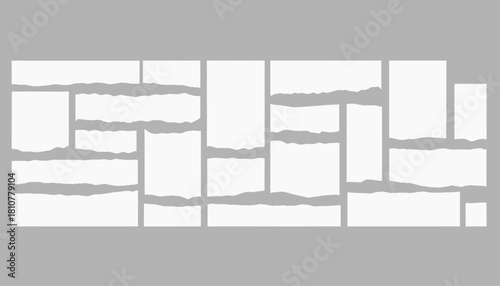 Collection of various torn pieces of white paper isolated on gray background
