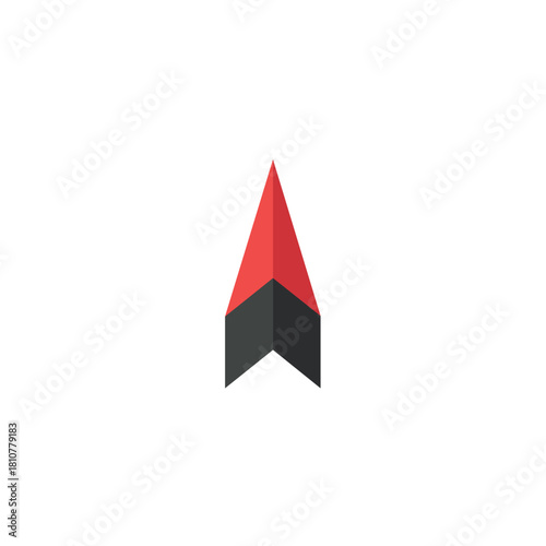 Bold geometric flat design vector icon of a red and black upward-pointing navigation arrow, symbolizing direction, north, progress, compass heading, and moving forward in technology or mapping.