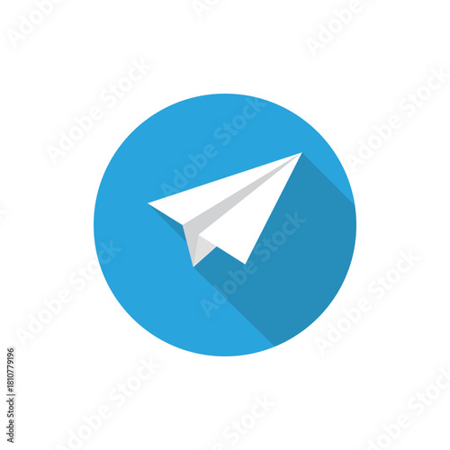 Circular blue flat design vector icon of a white paper airplane with a long shadow, symbolizing sending messages, email, travel, quick delivery, communication, and digital applications.