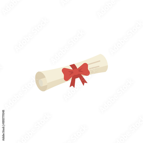 Flat design vector illustration of a rolled up parchment diploma or certificate tied with a ceremonial red ribbon bow, symbolizing graduation, education, achievement, and academic success.