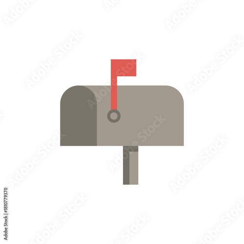 Simple flat design vector illustration of a grey, residential, rural mailbox with the red flag raised, symbolizing mail delivery, new messages, post service, and home correspondence.