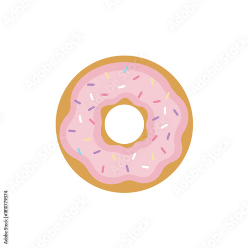 Sweet and colorful flat design vector illustration of a classic ring donut topped with pink icing and multicolored sprinkles, symbolizing dessert, breakfast treat, bakery, and sugary indulgence.