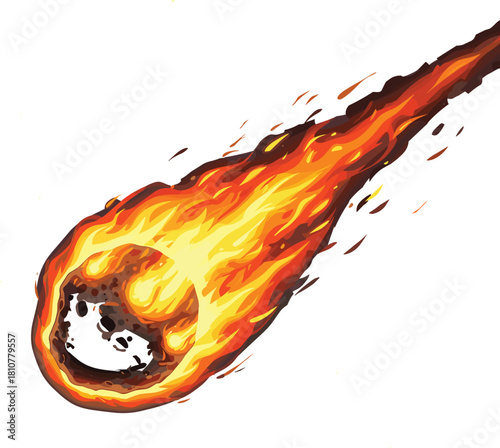 Burning meteor fireball illustration, glowing comet with bright flames in space, shooting star artwork, cosmic explosion concept background design