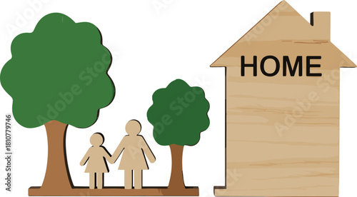 Wooden family figures standing near house and trees representing home living, family love, safety, eco lifestyle, nature environment, and peaceful happy life