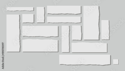 Collection of various torn pieces of white paper isolated on gray background