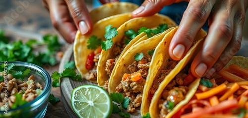 Fototapeta Naklejka Na Ścianę i Meble -  Close-up of hands assembling tacos, seasoned meat, fresh cilantro, vibrant fillings,  ingredients,  fast food