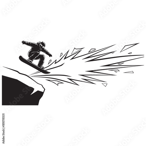 Snowboarder performing a high jump stunt from a cliff with dynamic speed motion effects silhouette vector illustration.