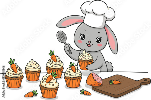 Cartoon bunny chef, decorating carrot cupcakes, playful baking scene, food art, cute pastry moment, culinary humor, kids content, kitchen illustration