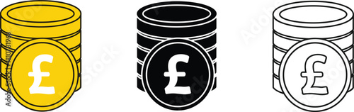 British Pound Sterling coin stack vector icon set, showing gold, black silhouette, and outline styles, representing finance, wealth, banking, and currency exchange.