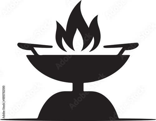 Simple black silhouette icon of a barbecue grill with flames