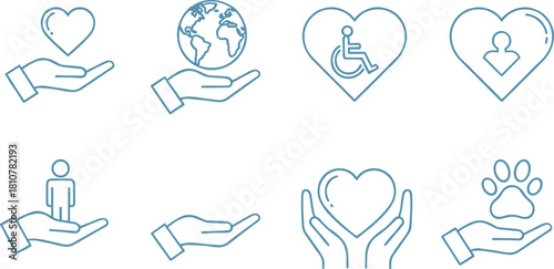 Charity and care vector icon set in subtle blue outline, featuring hands holding the earth, heart, person, disability symbol, and pet paw, representing support and donation.