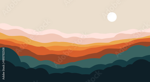 Colorful mountain range landscape with a bright sun in the sky illustration