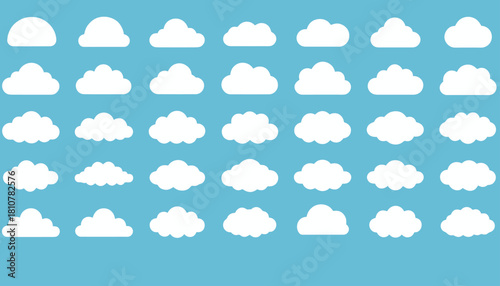 Collection of cloud shapes isolated on white background against blue sky