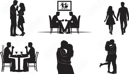 Vector silhouettes set of diverse couples, dating, kissing, holding hands, drinking wine, and dining, including same-sex partners, for love, relationship, and LGBT-themed projects.