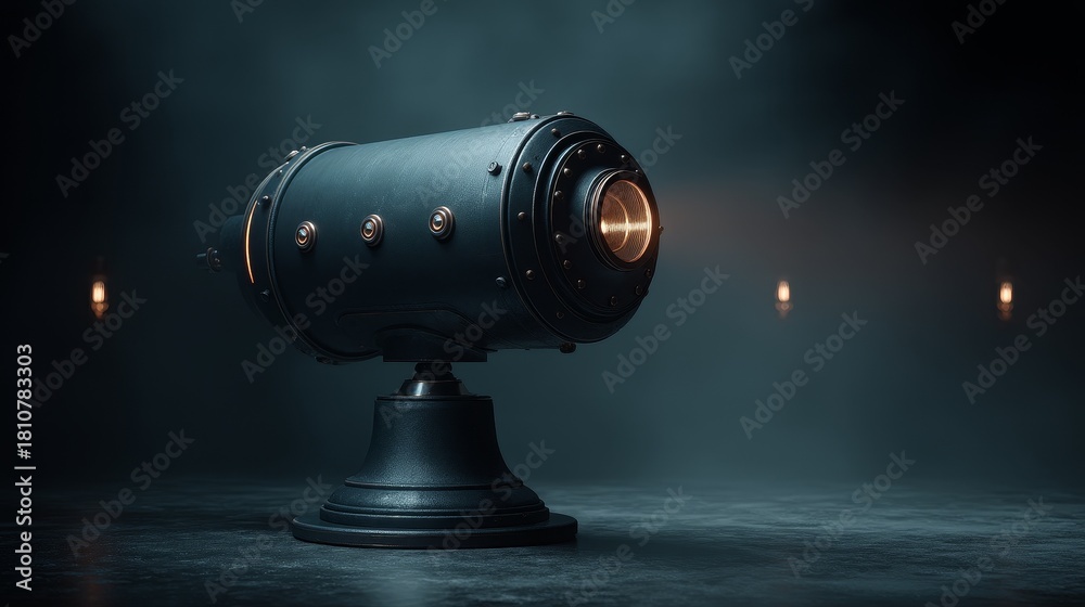 Fototapeta premium Hyper-realistic futuristic telescope on tall sleek black pedestal with metallic details and subtle glowing lights, immersive exhibition design, cinematic lighting, ultra-detailed textures.