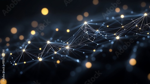 Illuminated network of connected white lines and glowing nodes on a dark background bokeh effect