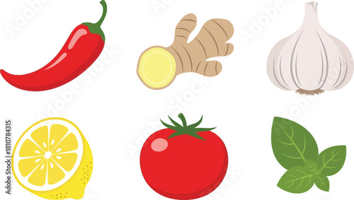 Fresh Cooking Ingredients Vector: Chili, Ginger, Garlic, and Tomato

Healthy Food Icons: Lemon Slice, Basil, and Vegetables Illustration

Kitchen Spice and Vegetable Set: Isolated Cartoon Ingredients