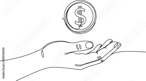 Continuous line drawing hand holding dollar coin donation savings money business finance payment investment banking prosperity icon symbol outline vector