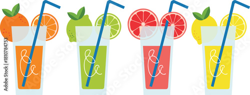 Vector: Flat Design Icons for Orange, Lime, Grapefruit, and Lemonade Beverages with Straws and Vitamin C Graphic.