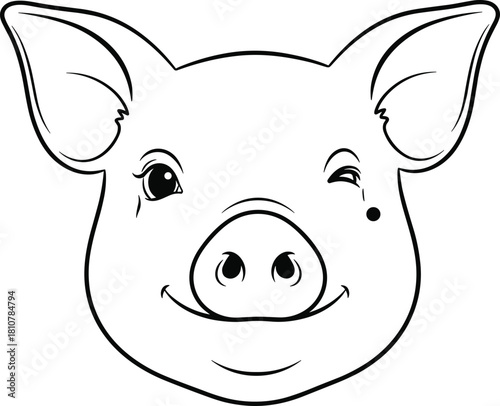 Cute pig face black outline vector illustration, showing a smiling, winking piglet head, perfect for children's coloring books, farm animal themes, and humor.