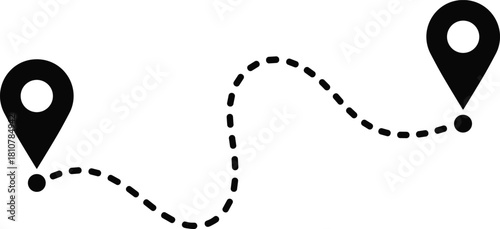 GPS route vector icon black and white, showing a dashed line path connecting two location pin markers, representing travel, navigation, journey, and distance.