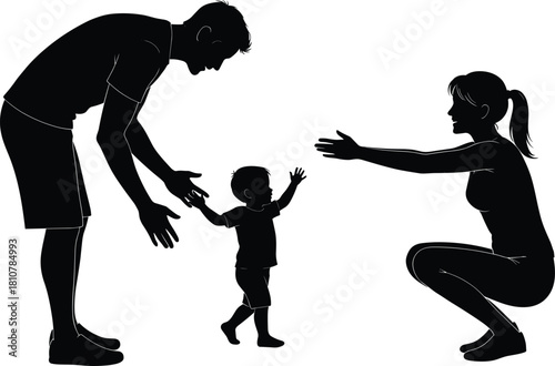 Happy family silhouette of young parents teaching toddler to walk. Child's first steps from father to mother. Vector illustration.