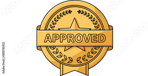 Golden approved badge with a star in the center, laurel wreath, and ribbon banner on a white background.