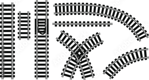 Monochrome Black and White Elements Including Straight, Curved, and Crossing Railroad Segments for Design and Maps.
