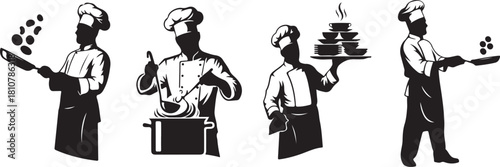 Chef Silhouette Set: Cooks Preparing Food in Kitchen

Restaurant Logo Vector: Black and White Chef Icons

Culinary Professionals: Chef Tasting and Cooking Illustration