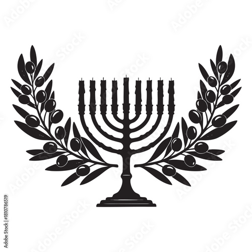Jewish Menorah Candelabrum with Olive Branches Silhouette Vector Illustration