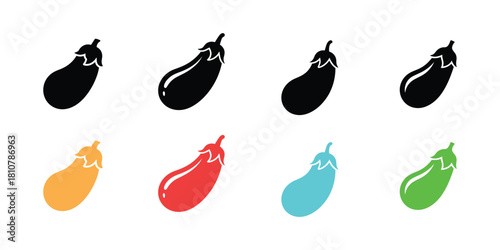 A colorful collection of eggplant icons showcasing different styles and vibrant hues on a white background