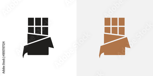 A pair of chocolate bar icons, one in black and one in brown, partially unwrapped