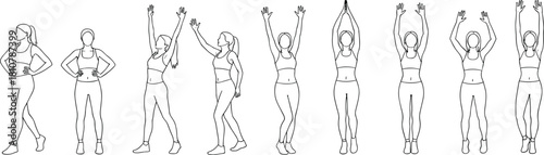 Set of female fitness poses in line art. Woman in sportswear standing, stretching, and raising arms, vector outline illustrations.