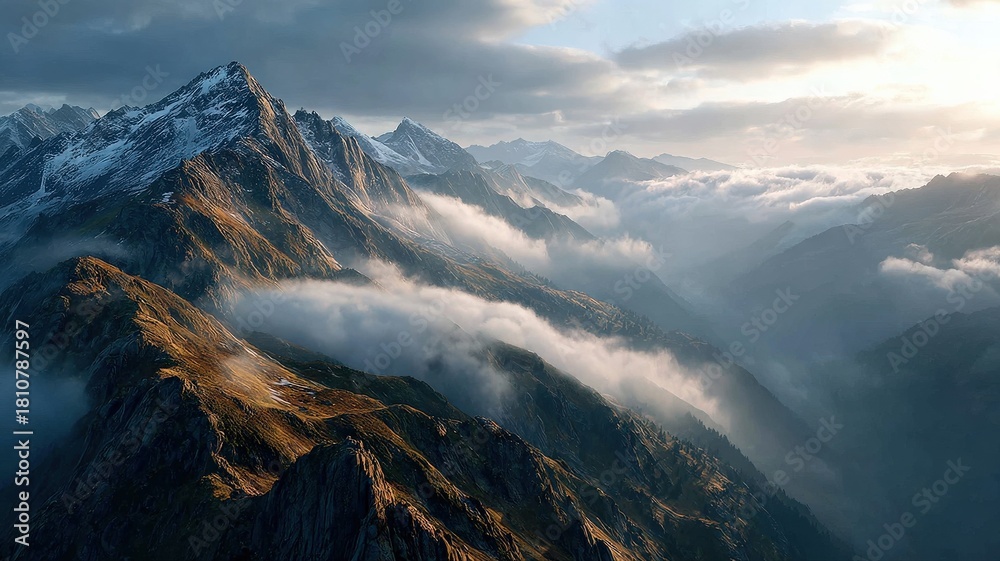 Fototapeta premium ultra-realistic wide shot of clouds moving over a mountain range, golden hour light, majestic landscape, cinematic time-lapse, photorealistic