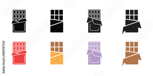 A vibrant collection of eight chocolate bar icons showcasing diverse styles and colors on white