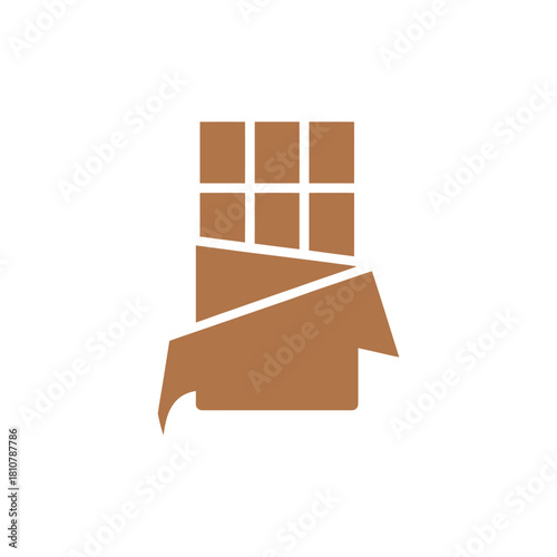 A warm brown silhouette of a chocolate bar icon with its wrapper partially peeled back on a white background