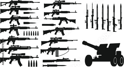 Set of military weapon silhouettes. Includes assault rifles, sniper rifles, bayonets, ammunition, and artillery cannon. Vector graphic icon collection.