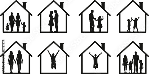 Set of house icons with family silhouettes. Happy people, couples, and children at home. Vector graphics for real estate concepts.