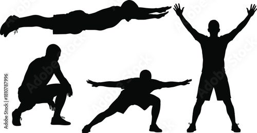 Active man silhouette vector collection, fitness exercises and stretching poses set, athlete celebrating success isolated on white background for sport design.