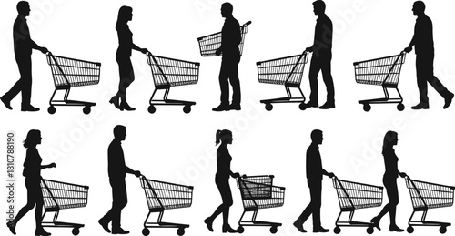 Set of people silhouettes pushing shopping carts. Men and women shopping in supermarket. Vector illustration for retail or sale concepts.