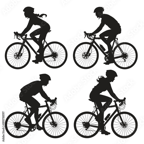 Silhouettes of men and women riding bicycle