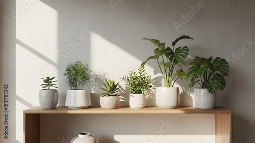 Aesthetic indoor plants in white pots on a wooden shelf with sunlight, creating a calming and natural atmosphere